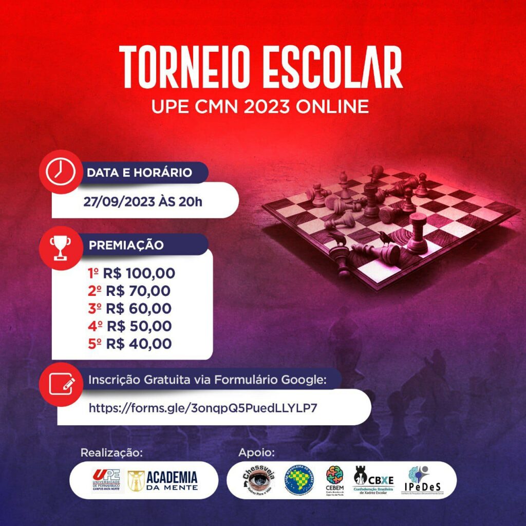 A FEEMG não para! Inscrições abertas para o 2º Campeonato Estadual Escolar  de Xadrez Online.